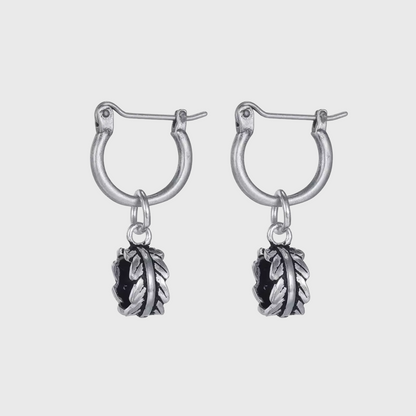 Vintage 925 Silver Leaf Charm Hoops Oxidized Feather Drop Earrings with textured oxidized silver leaf detail
