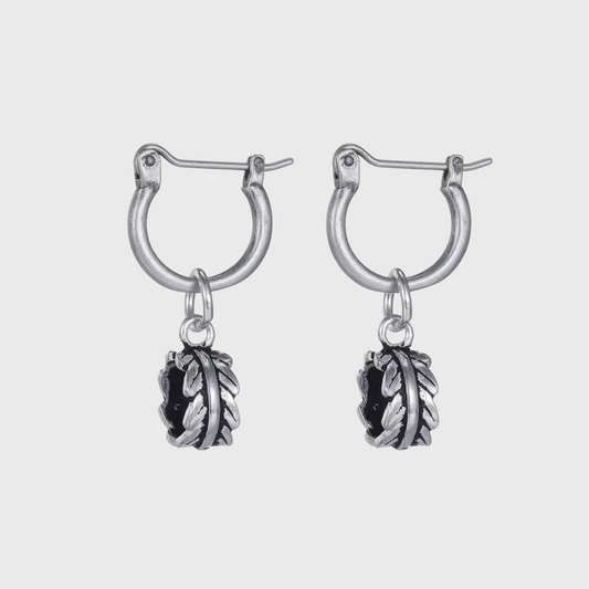 Vintage 925 Silver Leaf Charm Hoops Oxidized Feather Drop Earrings with textured oxidized silver leaf detail