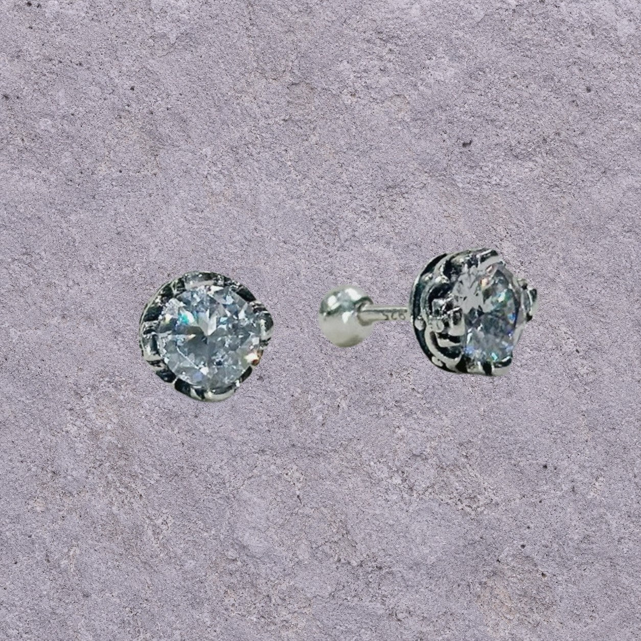 White Zircon Oxidized Silver Screw Back Studs