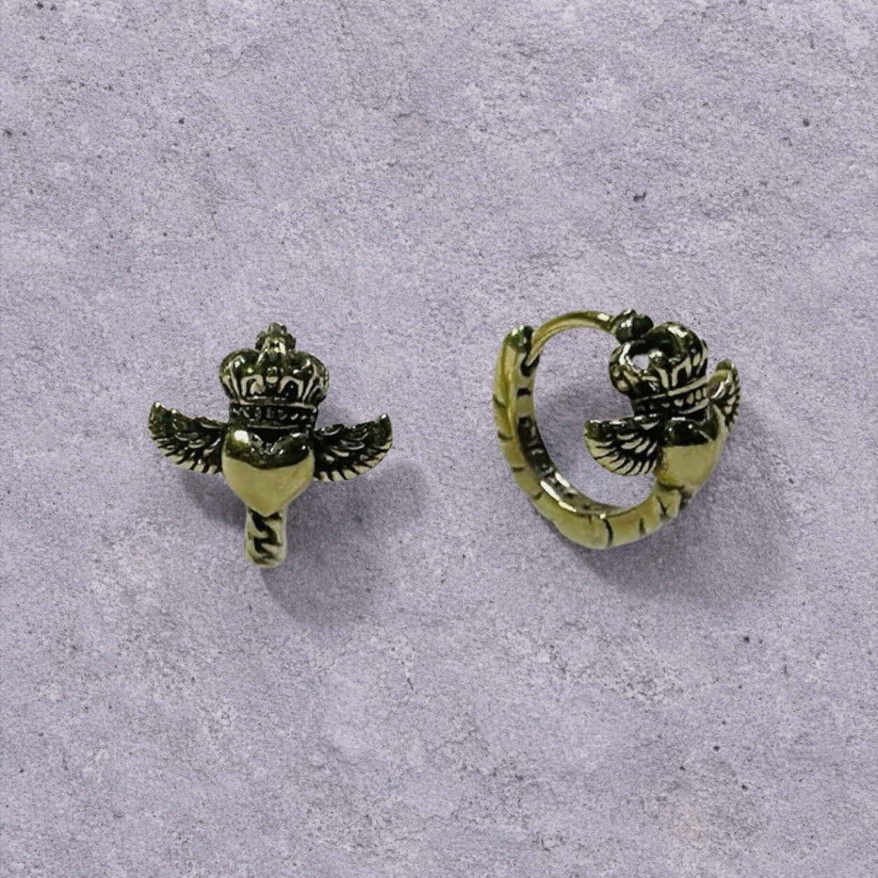 Winged Crown Heart Weathered S925 Huggie Hoop Earrings