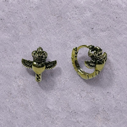 Winged Crown Heart Weathered S925 Huggie Hoop Earrings