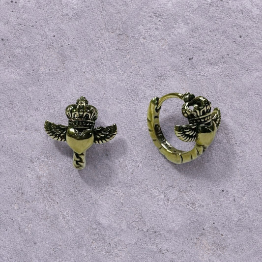 Winged Crown Heart Weathered S925 Huggie Hoop Earrings