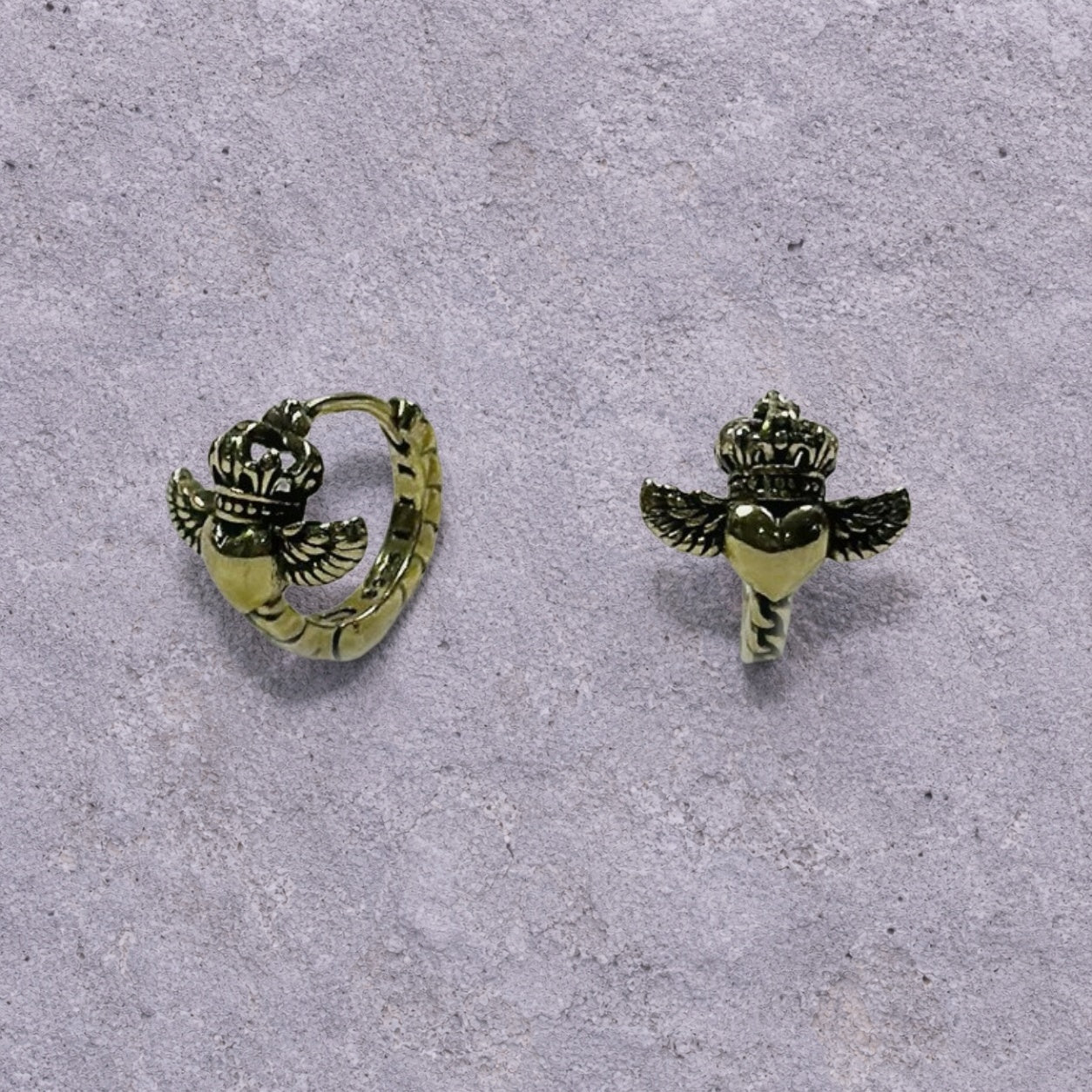 Winged Crown Heart Weathered S925 Huggie Hoop Earrings