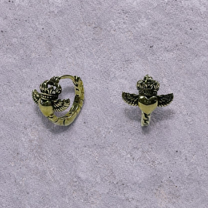 Winged Crown Heart Weathered S925 Huggie Hoop Earrings