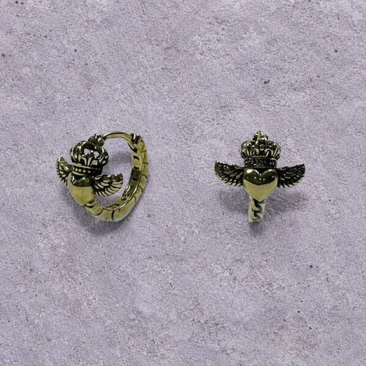 Winged Crown Heart Weathered S925 Huggie Hoop Earrings