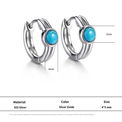 Blue Turquoise S925 Silver Small Hoop Earrings Retro Minimalist Stud
