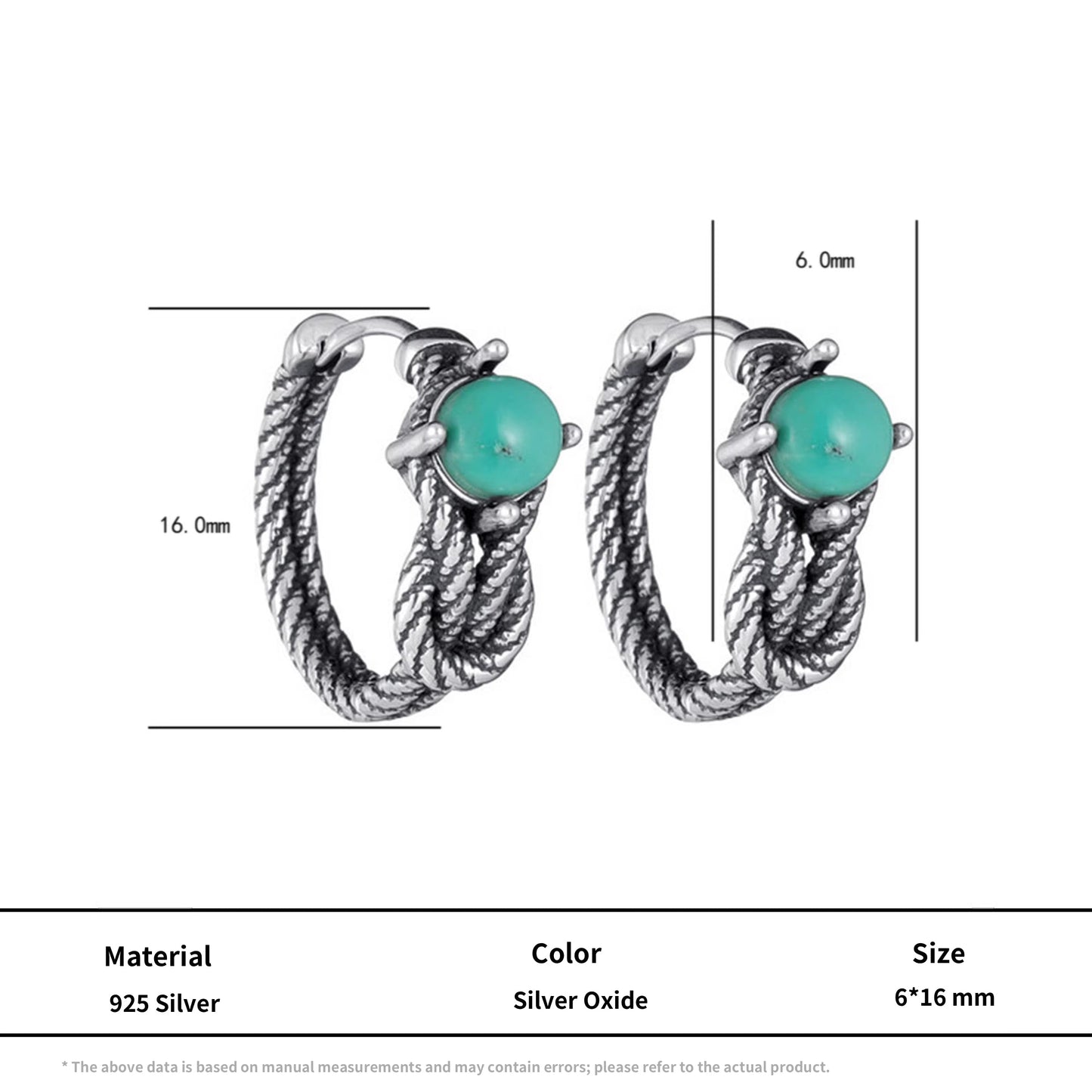 Heritage 925 Silver Knotted Earrings Natural Turquoise Unisex