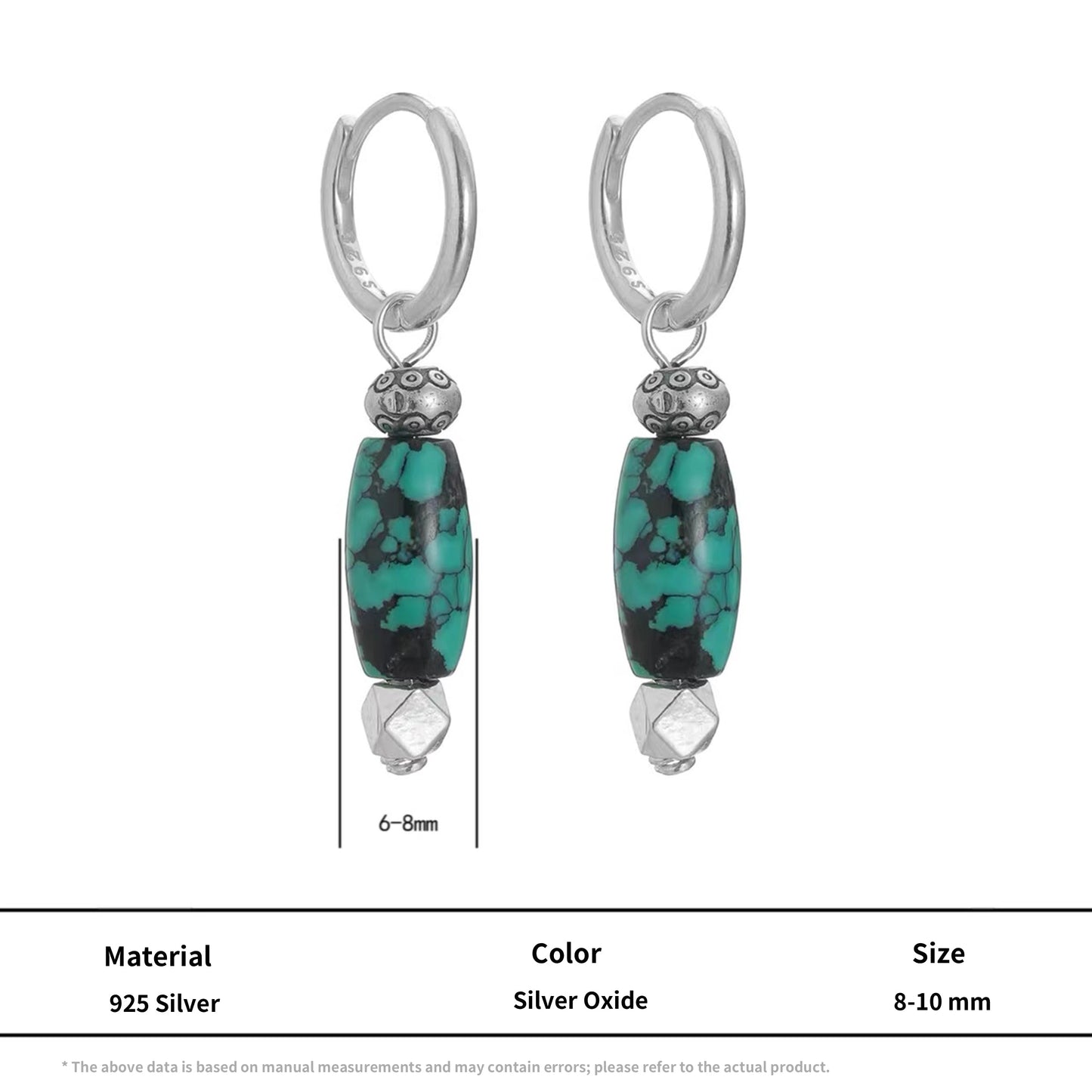 Vintage Ethnic S925 Silver Turquoise Drop Earrings Boho Tribal Style