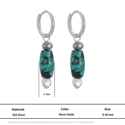 Vintage Ethnic S925 Silver Turquoise Drop Earrings Boho Tribal Style