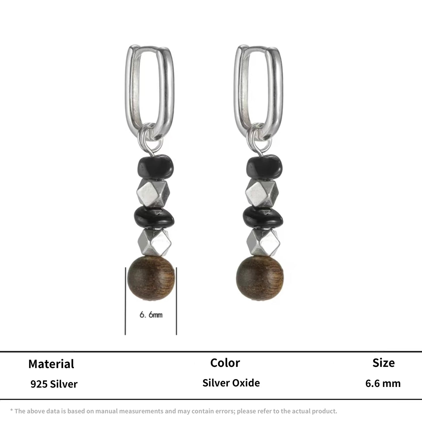 S925 Silver Rectangular Hoop Earrings with Obsidian & Wood Beads