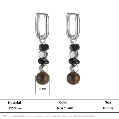 S925 Silver Rectangular Hoop Earrings with Obsidian & Wood Beads
