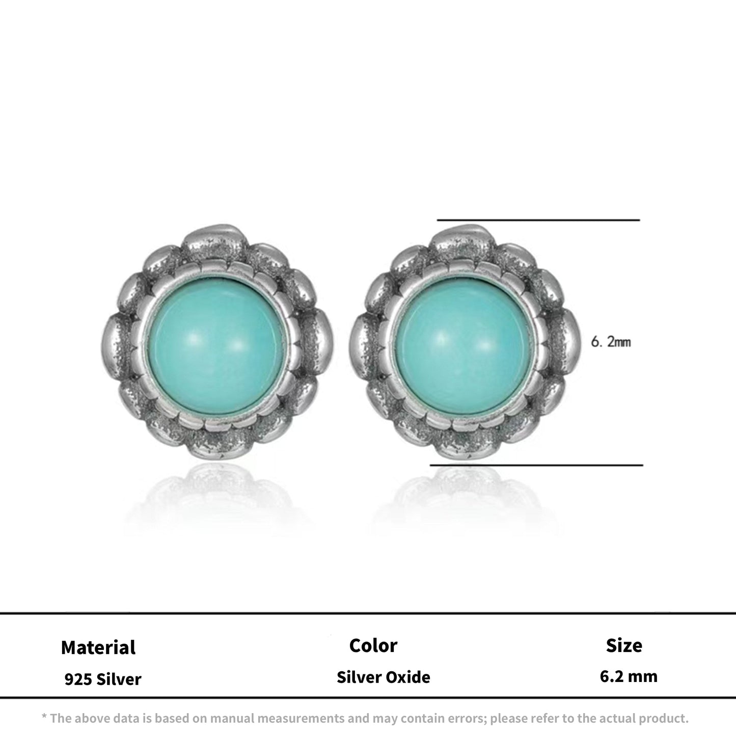 Retro Turquoise Silver Studs Oxidized Beaded Border Unisex Gift