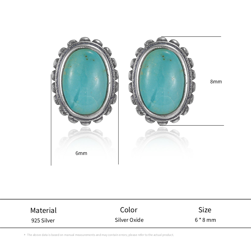 S925 Silver Natural Turquoise Stud Earrings Vintage Unisex