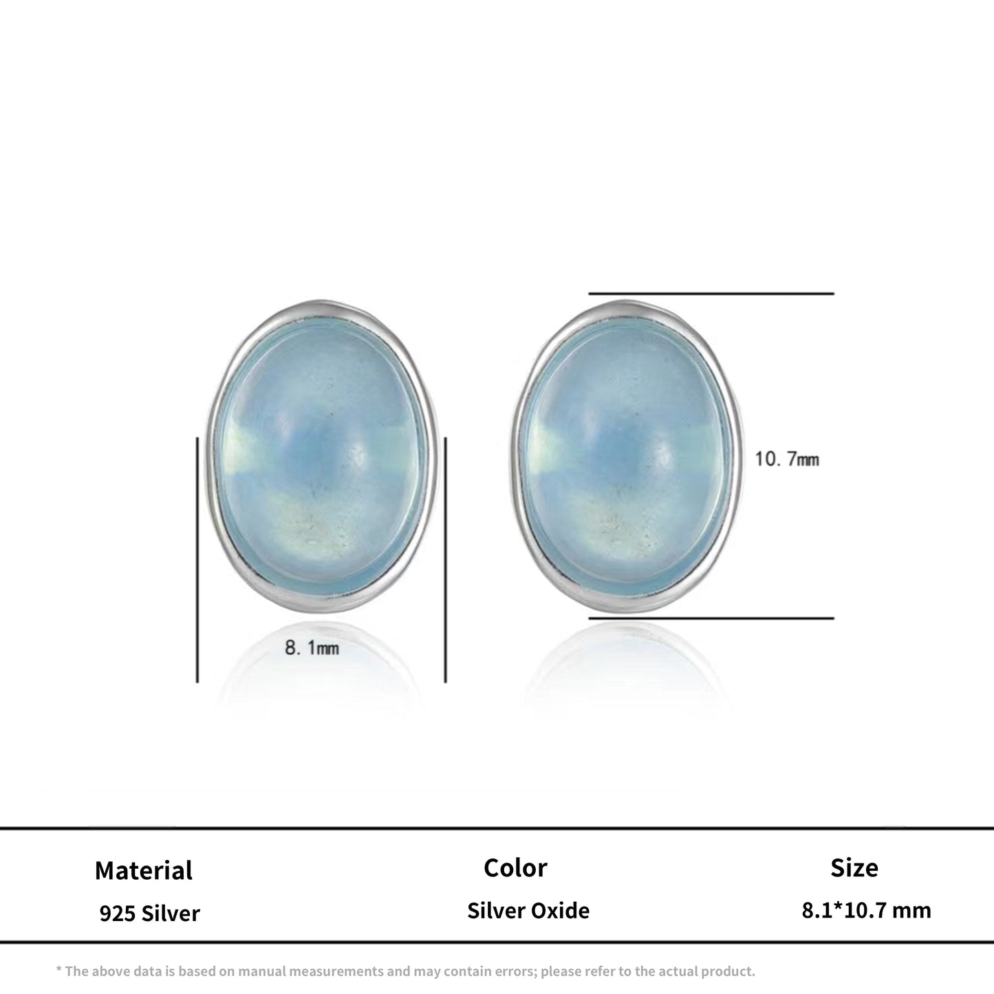 Ice Blue Aquamarine Silver Studs Oval Bezel Set Unisex Jewelry