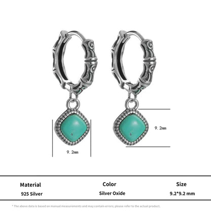 S925 Silver Raw Turquoise Slab Earrings Unisex Ethnic Huggie Hoops