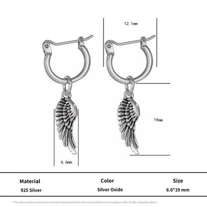 Vintage Oxidized Silver Angel Wing Drop Earrings Unisex Goth Style