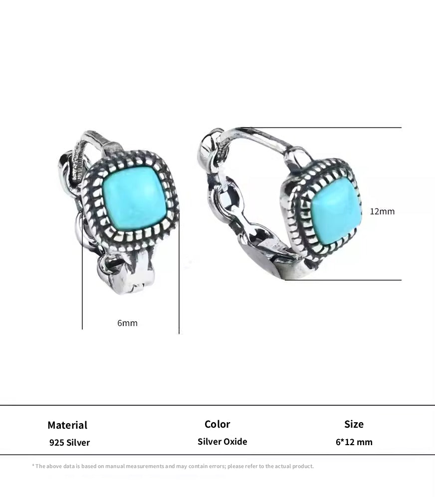 S925 Silver Vintage Turquoise Huggies Unisex Artisan Hoops