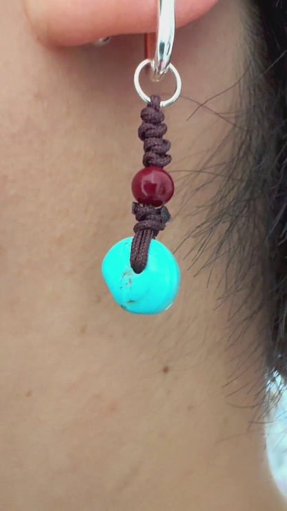 Hand-Knotted Turquoise & Cinnabar Dangles Silver Zen Amulet Studs