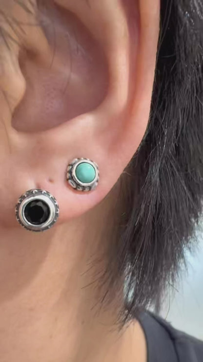 Retro Turquoise Silver Studs Oxidized Beaded Border Unisex Gift