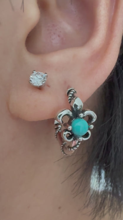 S925 Silver Fleur-de-lis Turquoise Hoops Vintage Men's Huggies
